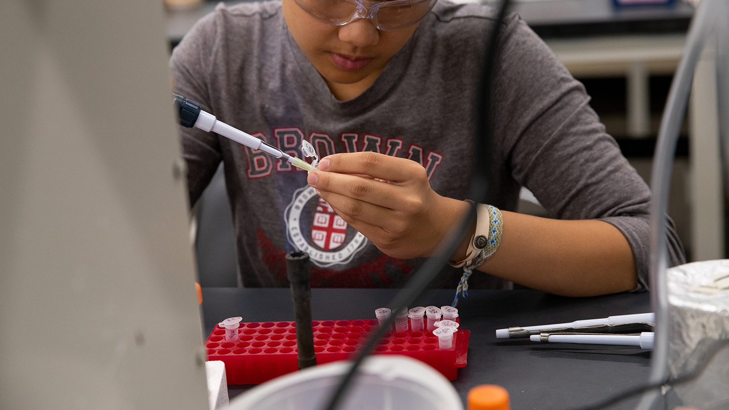 person in a Brown shirt filling a test tube