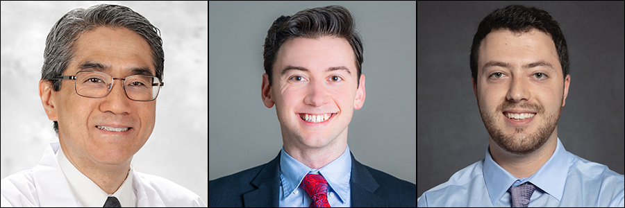 Portrait photos of Eric T Wong, MD, Jonathan Arditi '22 MD'28, and Justin Bessette '22 MD'26.