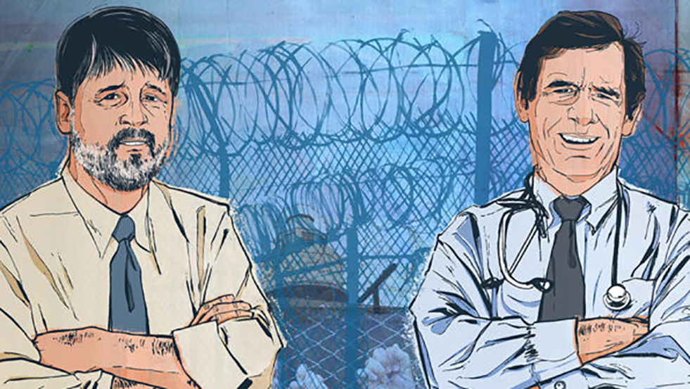 artistic rendering of two doctors in front of a chain link fence