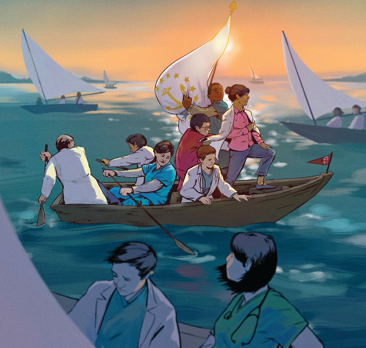illustration of doctors in a boat